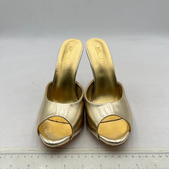 miss left Gold Open Peep Toe Stiletto Heeled Slide Mules Slip On Sandals - Picture 2 of 7